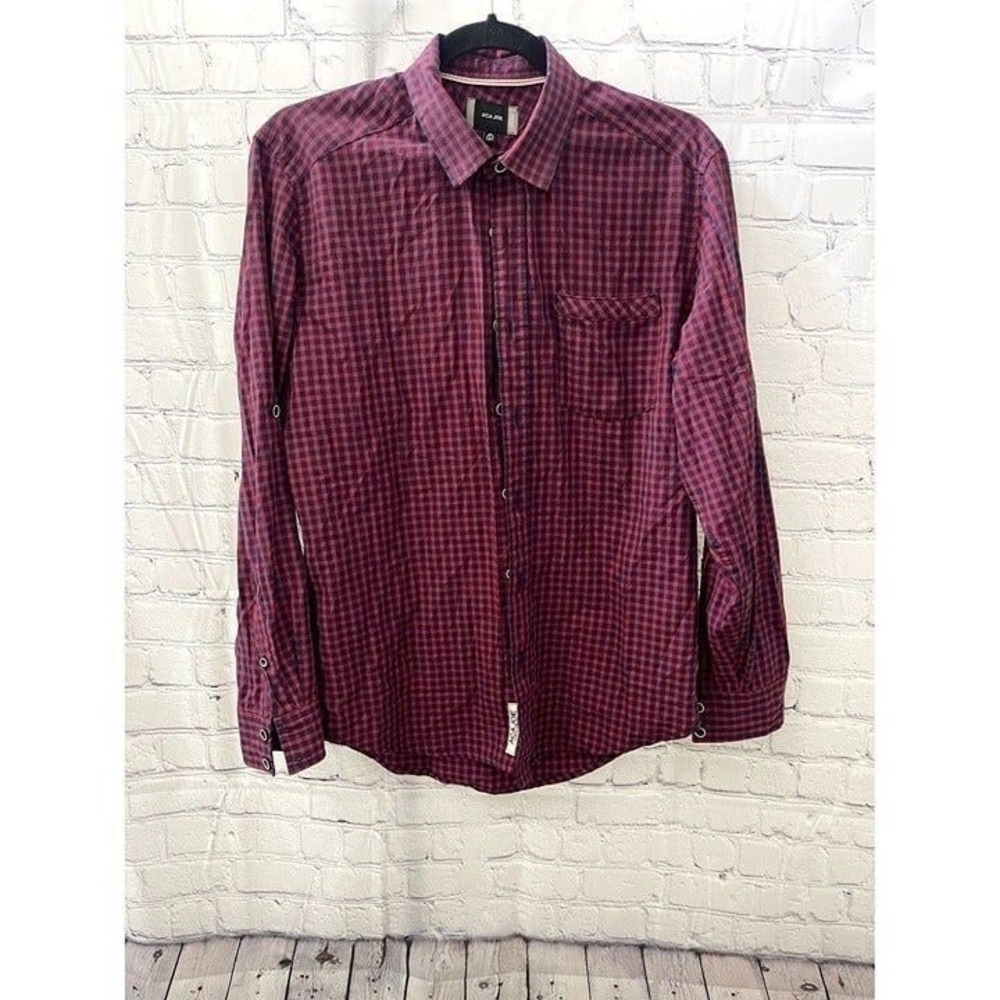 Aca Joe Mens Small Burgundy Navy Gingham  Fitted Button Down Shirt Long Sleev